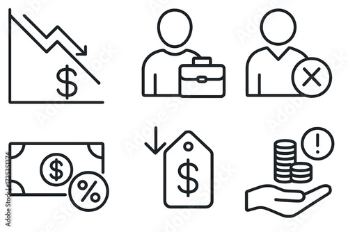 Economic crisis line icon set. Recession, finance, and business concepts. Vector symbols for layoff, job loss, unemployment, pay cut, decrease, and low cost illustration.