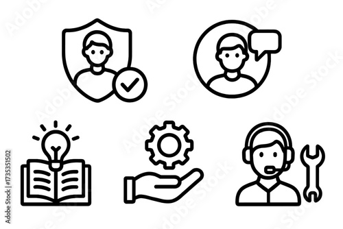 Expertise and support line icon collection. Symbols for competence, advice, knowledge, and technical skills. Vector set for customer service, user trust, consultation, and help.