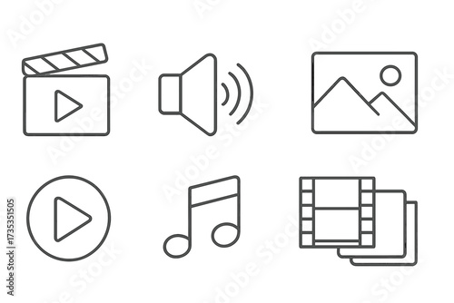 Audio and video line icon set for web and mobile. Media player interface symbols. Cinema clapperboard, sound speaker, picture, play button, music note and film strip pictograms.