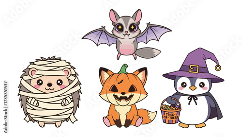 Adorable Halloween Crew: A collection of cute, cartoonish animals dressed up in festive Halloween costumes, each radiating charm and spooky fun.