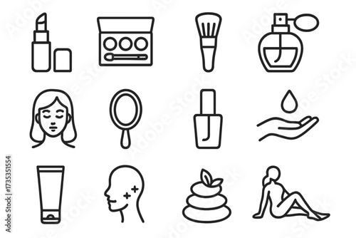 Beauty icons line style. Cosmetics, makeup, fashion, salon, bodycare collection. Skincare and beauty therapy symbols. Vector set. Lipstick, perfume, nail polish, spa.