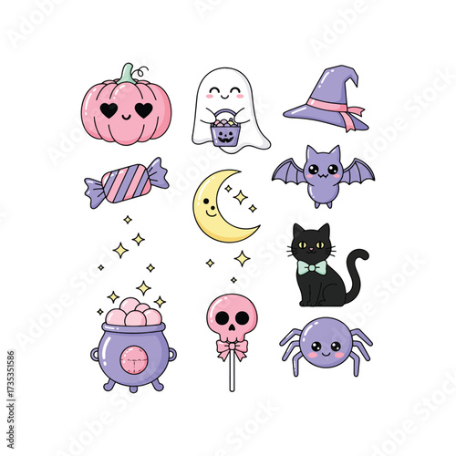 A collection of adorable pastel Halloween-themed cartoon illustrations featuring a pink pumpkin, friendly ghost, witch hat, bat, black cat, spider, candy, moon, cauldron, and skull lollipop.