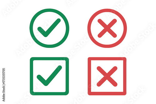 Check mark and cross icon set. Green tick and red X symbol. Correct and incorrect sign. Approve and reject button. Yes and no choice. Right, wrong. Pass, fail concept vector.
