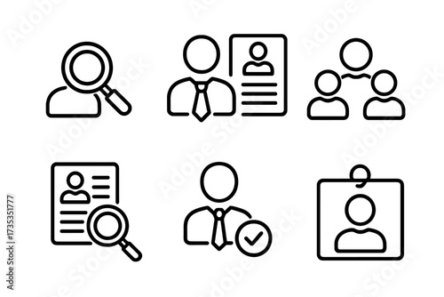 Headhunting icon set. Recruitment, career, resume, work group, candidate, job hiring collection. Find employee, staff search, HR management. Personnel selection vector icons.