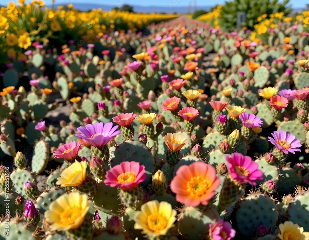 Obraz premium Vibrant Cactus Field with Blooming Wildflowers Under Sunlight
