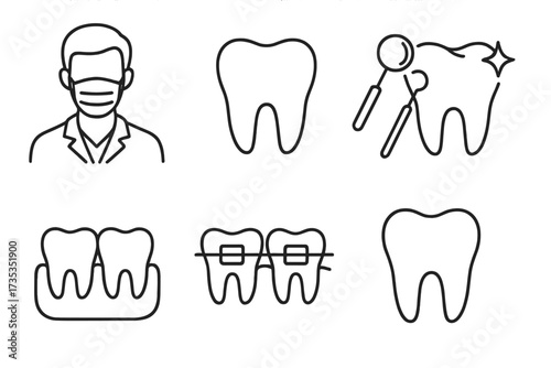 Dentistry line icon set. Dental care and oral hygiene concept. Includes dentist, tooth, braces, orthodontics, examination, healthy teeth, and gum line vector illustration.