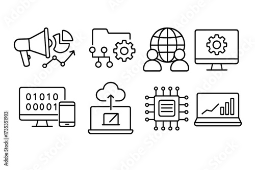 Digital business web icons in line style. Marketing, data management, social network, business technology, information technology, analytics, cloud computing collection. Vector.