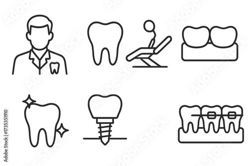 Dentistry and stomatology line icon set. Dental care concepts. Dentist, tooth, braces, implant, whitening, prosthetics, and clinic chair. Outline vector symbols collection.
