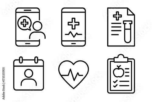 Digital healthcare and telemedicine line icon set. Online doctor consultation, medical app, health monitoring, EKG, lab test results, appointment booking and nutrition plan.
