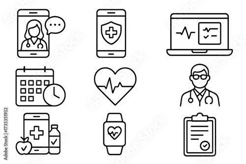 Telemedicine and digital healthcare thin line icon set. Online doctor consultation, medical app, e-health record, appointment schedule, heart rate monitor vector symbols.