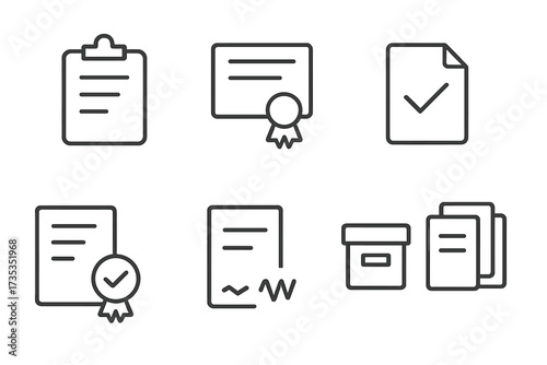 Document icons line style. Clipboard checklist, certificate guarantee. Accept approved file. Contract signature, invoice payment. Archive box. Office paperwork vector collection.
