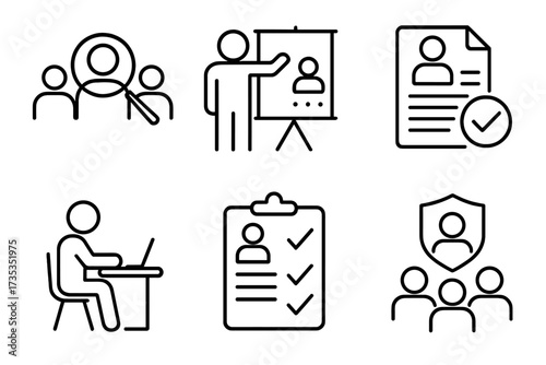 Hiring process and human resources icon set. Line icons for recruitment, job search, candidates, career, and employment. Vector symbols for training and staff management.