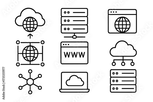 Set of internet and web line icons. Cloud computing technology, data center server, network connection, and digital service symbols. Vector database and hosting platform graphics.