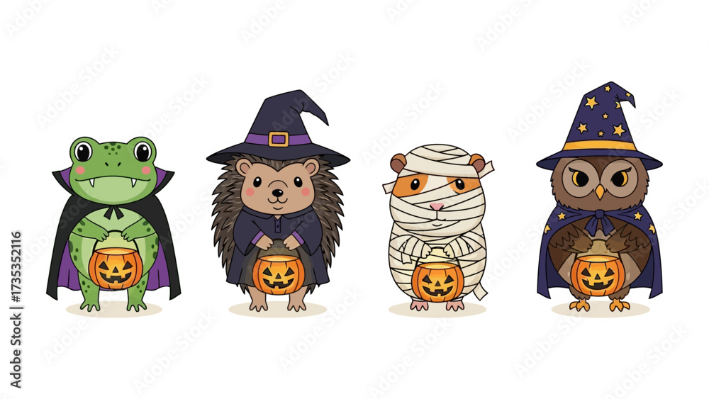 Αυτοκόλλητο Halloween Creatures Gathering: Whimsical assortment of costumed creatures – a vampire frog, a witch hedgehog, a mummy guinea pig, and an owl in a wizard's hat – each carrying a jack-o'-lantern