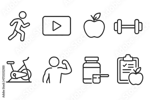 Fitness and health line icon set. Vector collection for web and app design. Includes running, workout, gym, food, diet plan, nutrition, supplements, online training symbols.