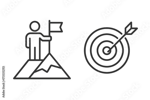 Goal and target line icon set. Man on mountain with flag, arrow in bullseye. Metaphor for success, achievement, business mission, career goal, aim, strategy and victory.