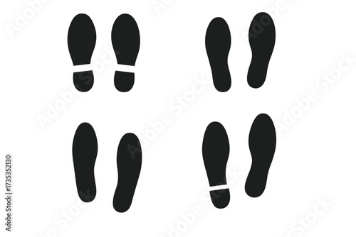 Human footprints set. Shoe prints and footsteps vector illustration collection. Black silhouette of boot soles on a transparent background. Walking path or journey concept.