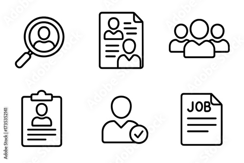Headhunting and recruitment line icon set. Human resources concepts for job searching, career path, and hiring. Vector icons for resume, candidate, work group, and job offer.