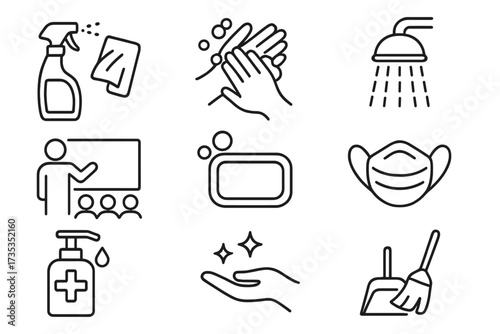 Hygiene and cleaning web icon set in line style. Concept of health, safety, and disinfection. Washing hands, soap, antiseptic, face mask, shower, seminar, vector collection.