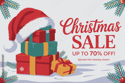 Festive christmas sale announcement featuring a stack of gift boxes and santa s hat with up to 70 percent off savings