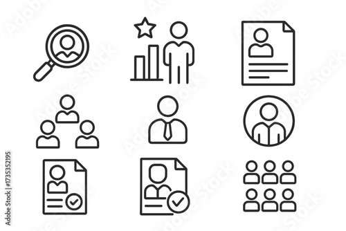 Human resources and recruitment line icon set. Concepts of headhunting, career growth, resume, job hiring, and candidate selection. HR management and workforce outline icons.