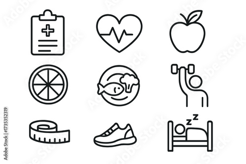 Healthy lifestyle line icon set. Health, diet, food, exercise, sleep collection. Vector symbols for cardiology, nutrition, fitness, weight loss, and medical care. Outline.