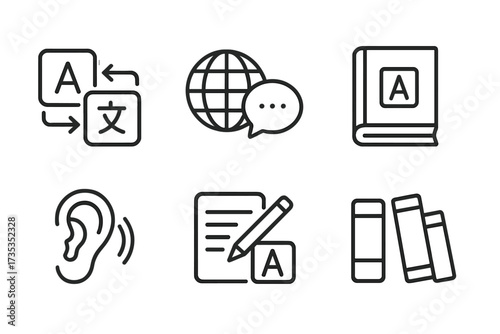 Language line icon set for translation and linguistics. Vector collection for learning and speaking. Includes dictionary, listening, writing, and global communication symbols.
