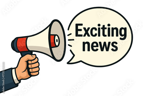Male hand holding a megaphone with exciting news speech bubble. Loudspeaker for business, marketing, and advertising. Banner for important announcement, alert and promotion.