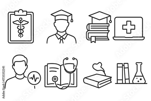 Medical education line icon set. Medicine college, student learning, doctor study, and university graduation symbols. Healthcare and science thin line pictogram collection.
