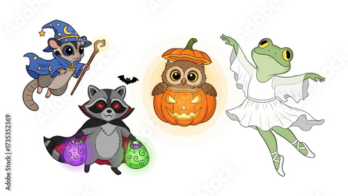 Enchanted Halloween: A whimsical illustration set of diverse cartoon creatures in charming Halloween costumes, ready for trick or treating
