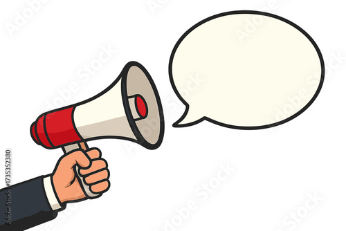 Male hand holding megaphone with speech bubble. Loudspeaker for business, marketing, advertising, and promotion. Announcement, alert, and communication vector concept illustration.