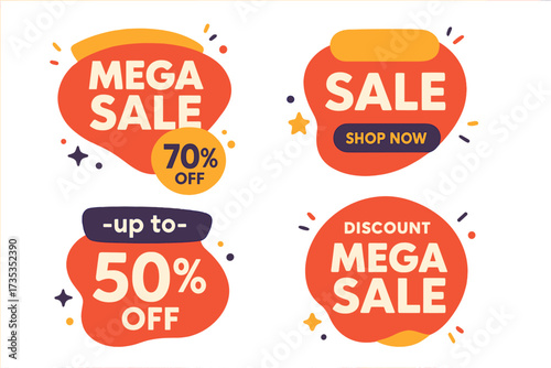 Sale stickers collection. Mega sale and discount banners set. Special offer labels with up to 50% and 70% off. Shop now promotional tags for retail advertising. Vector.