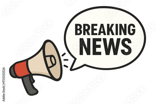Megaphone with breaking news speech bubble. Loudspeaker for announcement, alert and promotion. Business, marketing and advertising concept. Vector illustration on transparent background.