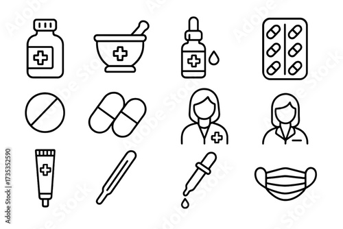 Pharmacy and medicine line icon set. Healthcare symbols collection with pharmacist, pills, medical mask, thermometer, mortar and pestle. Drugstore and clinical equipment.