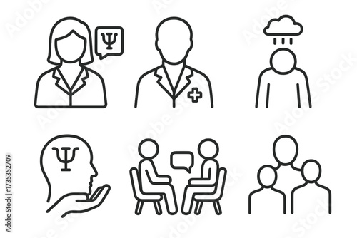 Psychology line icon set. Mental health, therapy, and counseling symbols. Psychologist, doctor, depression, group and individual therapy. Vector illustration collection.