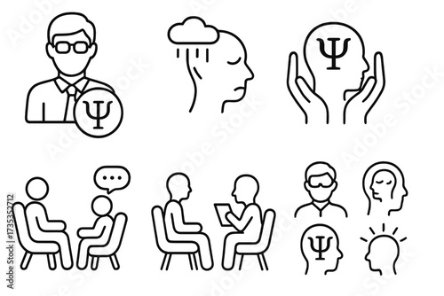 Psychology line icon set. Mental health care, psychologist, therapy session, counseling. Symbols for depression, anxiety, stress, support, treatment, mind, brain, help, doctor.