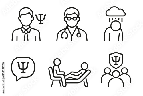 Psychology line icon set. Mental health, psychologist, doctor, depression, therapy. Psychological help, individual and group counseling. Psychotherapy outline vector symbols.