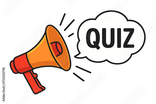 Quiz time announcement with megaphone. Loudspeaker icon for trivia night game. Question and answer concept. Marketing and advertising banner for business promotion. Test or exam.