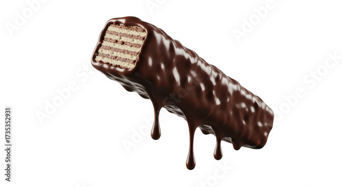 Delicious chocolate covered wafer bar with dripping chocolate isolated on transparent background