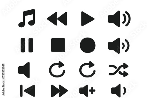 Set of media player icons for web and app UI. Music and video control buttons collection. Includes play, pause, stop, record, next, previous, shuffle, and volume symbols.