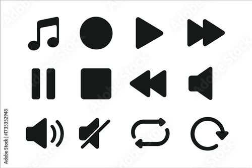 Media player icon set. Music & video control interface buttons. Play, pause, stop, record, rewind, forward, volume, mute, shuffle, repeat symbols for web & app UI UX design.