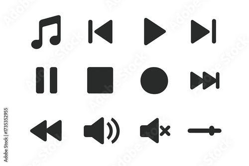Media player icon set. Music and video player buttons. Play, pause, stop, record, next, previous, forward, rewind, volume, and mute symbols for user interface design.