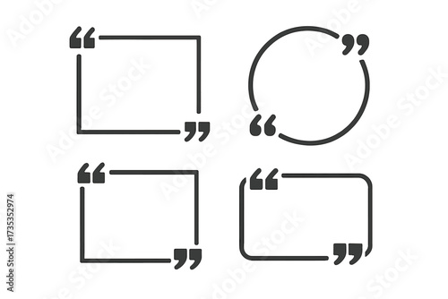 Quote box frame vector set. Text bracket icon collection. Quotation mark for banner, message, comment, or citation. Speech bubble for testimonials. Typographic design element.