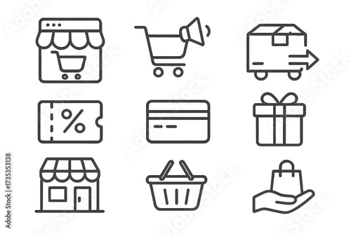 Online shopping and e-commerce line icon set. Thin line vector symbols for web store, digital marketing, fast delivery, discount coupon, credit card, gift, basket, purchase.
