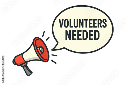 Volunteers needed announcement with megaphone. Loudspeaker making a call for help. Recruitment and hiring concept. Join our team banner for charity and community support work.