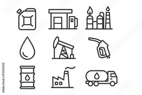 Oil and gas industry thin line icons. Fuel and energy production concept. Includes gas station, refinery, petroleum, oil well, pump, barrel, and transportation vector symbols.