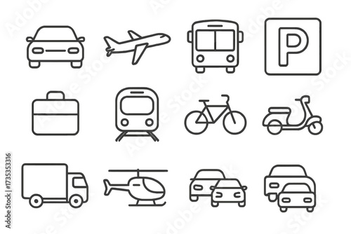 Vector icon set of transportation and travel symbols in a linear outline style. Includes car, plane, bus, train, bicycle, scooter, truck, helicopter, parking and traffic.