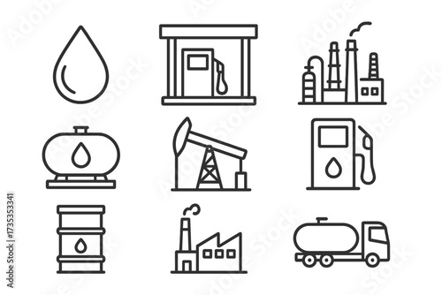 Oil and gas industry line icon set. Petroleum extraction, refinery, and transportation symbols. Fuel, energy, and power concepts. Vector collection with gas station, pump, well.