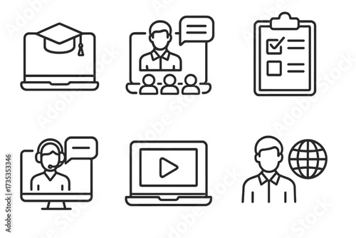 Online training and e-learning line icon set. Education, webinar, online course, seminar, distance learning concepts. Vector icons for graduation, test, and video tutorial.