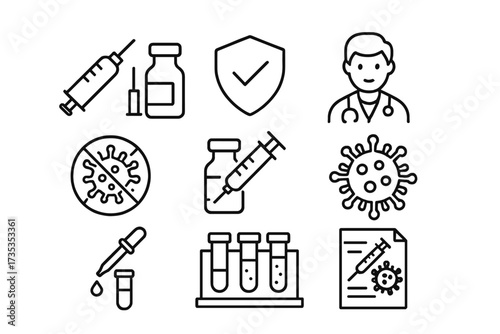 Vaccine and vaccination line icon set. Medical and healthcare symbols. Immunization concept. Vector icons collection of doctor, syringe, dose, anti-virus, and protection.